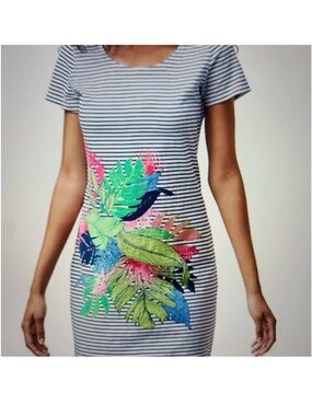 Tommy Bahama Striped  Dress with Tropical Floral Motif - M